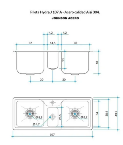 Bacha Cocina Johnson Hydra J107 Pileta Triple Acero Inoxidable | Vedek Revestimientos